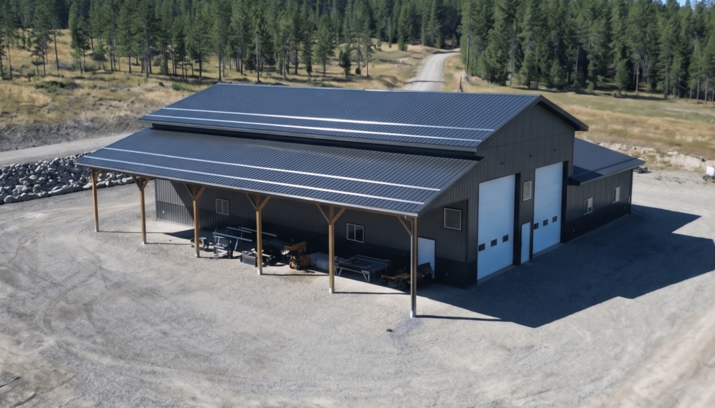A charcoal post-frame agriculture storage building with wainscoting and overhead doors