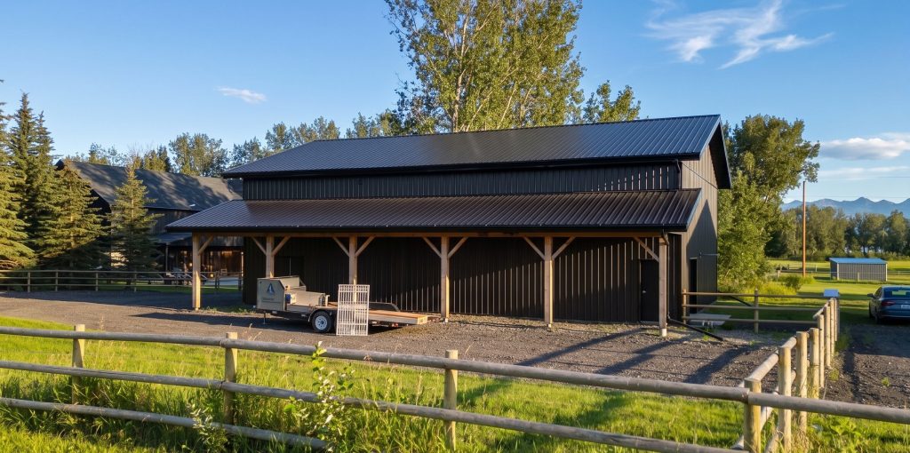 A dark brown lifestyle shop with an open lean-to and awnings