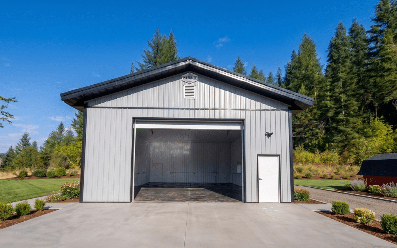 An agriculture post-frame shop with a overhead door and soffits