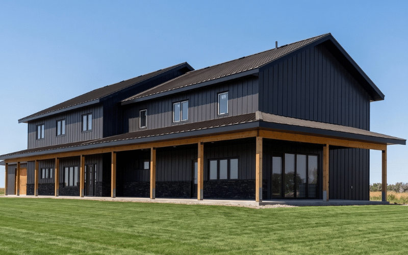 A charcoal residential post-frame Farmhouse with wainscoting, and a wrap around porch