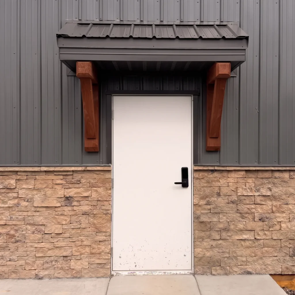 A charcoal post-frame commercial storage building with wainscoting and overhead doors