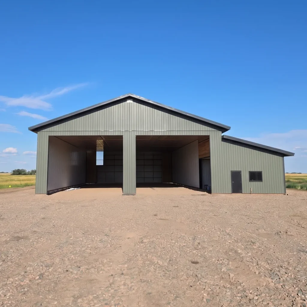 A dark sage post-frame agriculture machine shed