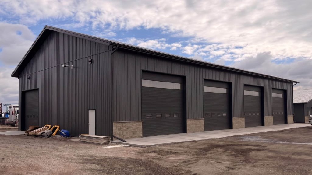 A charcoal post-frame commercial storage building with wainscoting and overhead doors