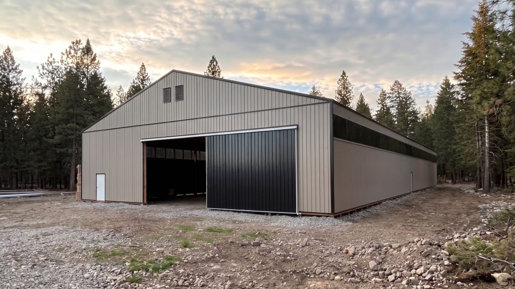 A sea wolf agriculture post-frame storage building with two sliding doors