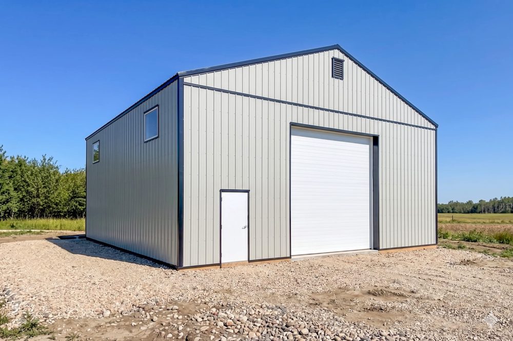 Post-frame shop with an overhead door, white cladding and black trim in Pike Lake, Saskatchewan